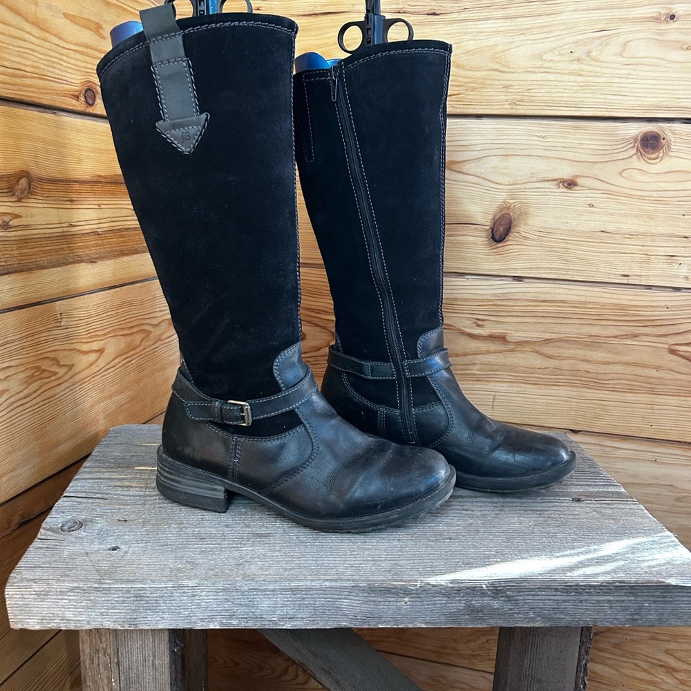 Women’s 7 Black Leather & Suede Heeled Knee High Boots Equestrian Moto‎ Goth Emo